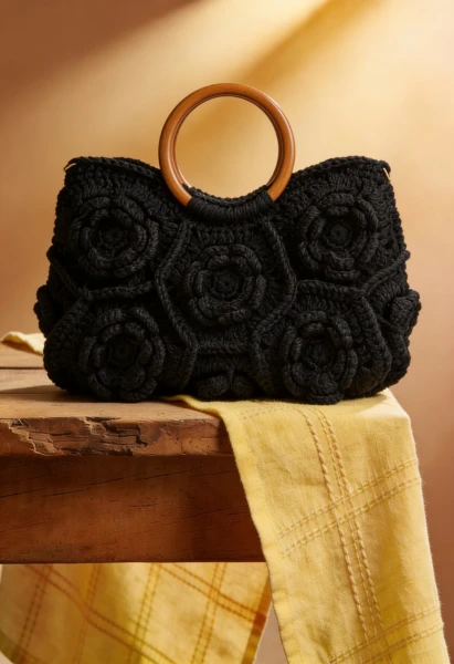 Black Floral Crochet Bag