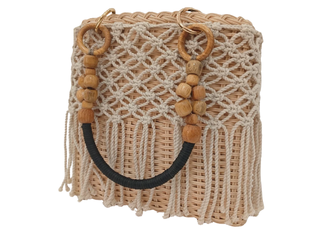 Boho Bambus- und Makramee-Eimer-Tasche