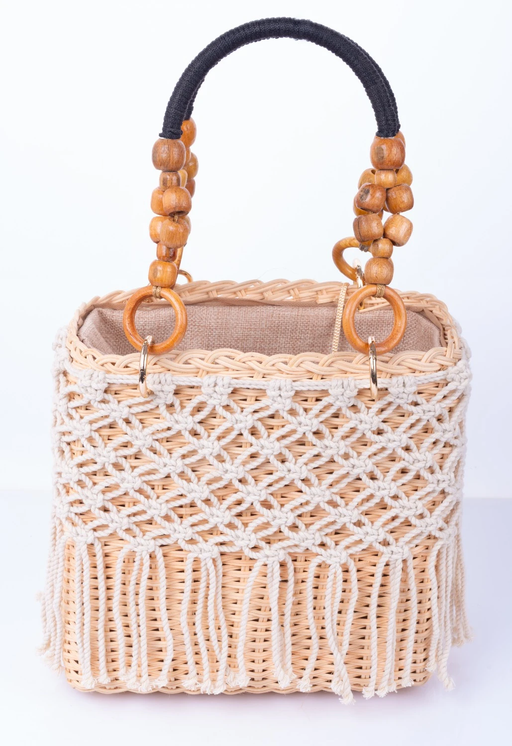 Bamboo mesh-thread handbag with two handles, black 27×27×10