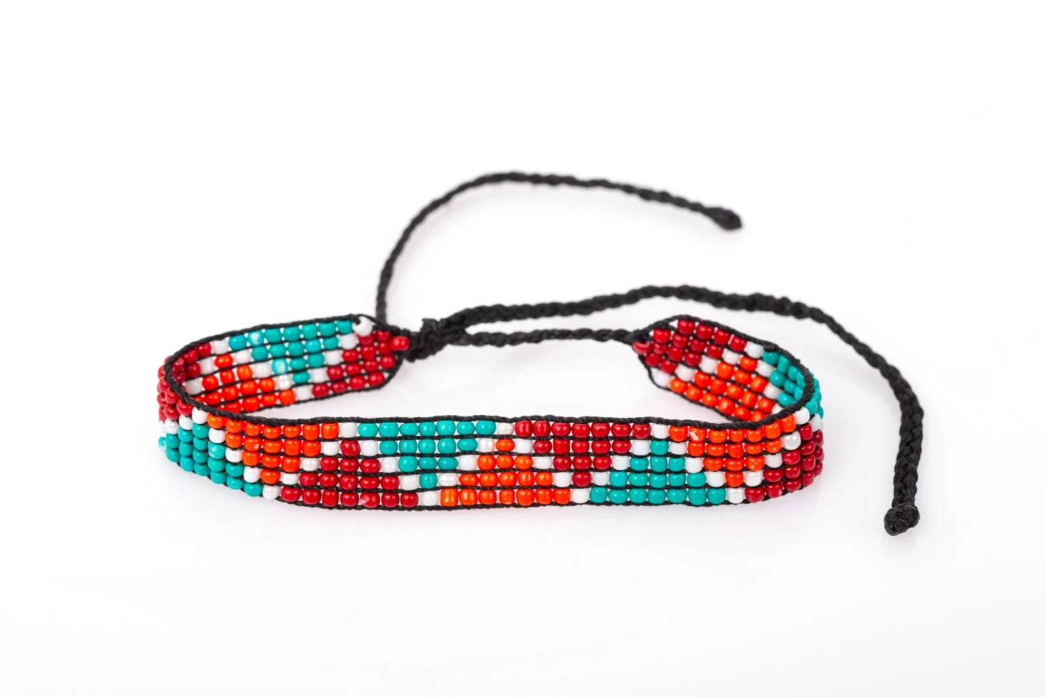 سوار خرز صغير بني وفيروزي وبرتقالي بنقشة مثلثات