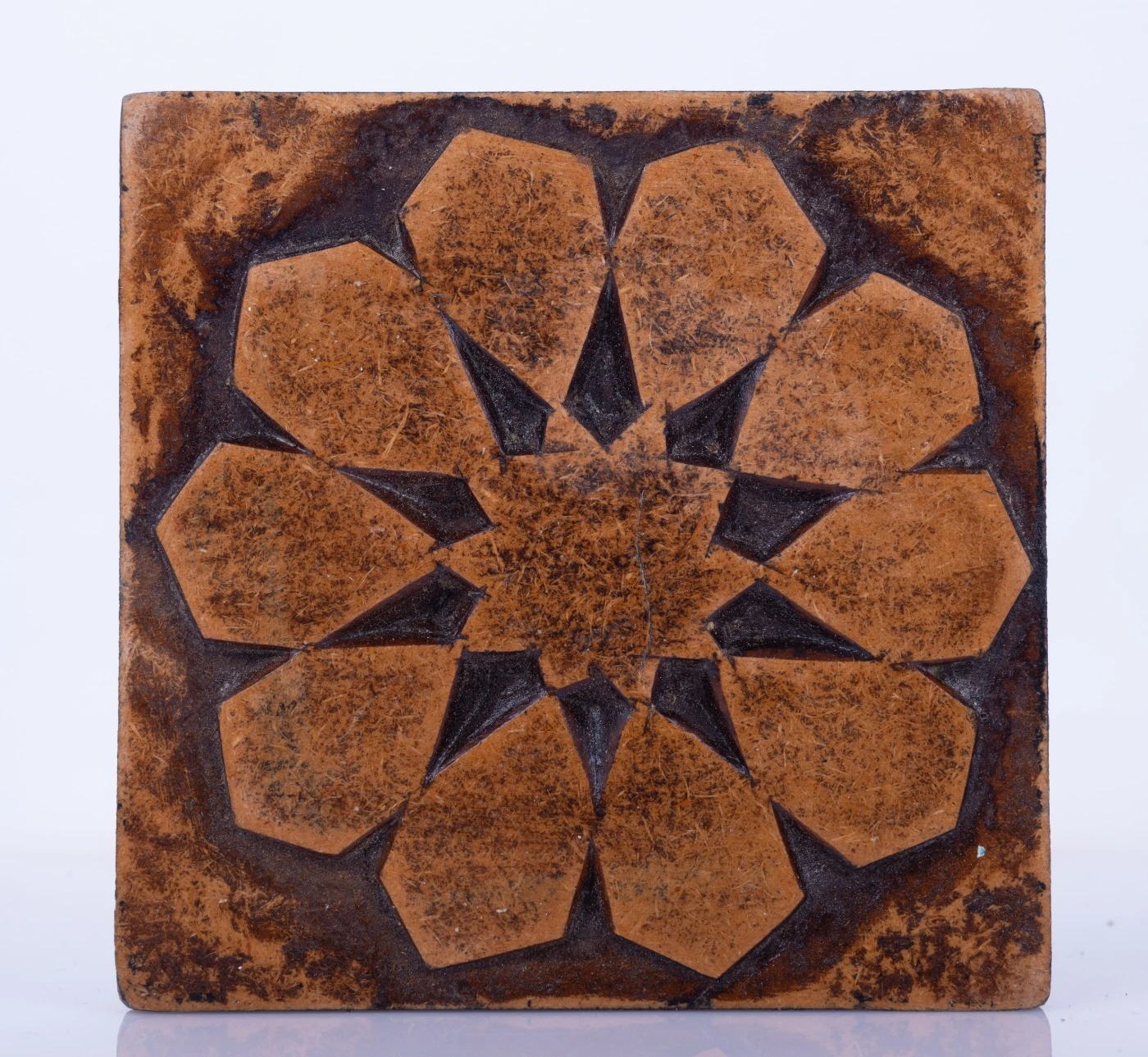 Dark brown wooden square coaster – ten-star hexagonal pattern
